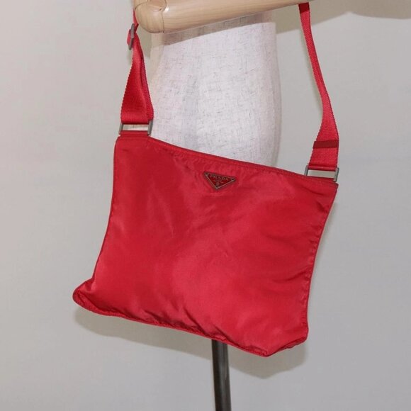 PRADA Shoulder Bag Nylon Red Silver Auth - Picture 1 of 16